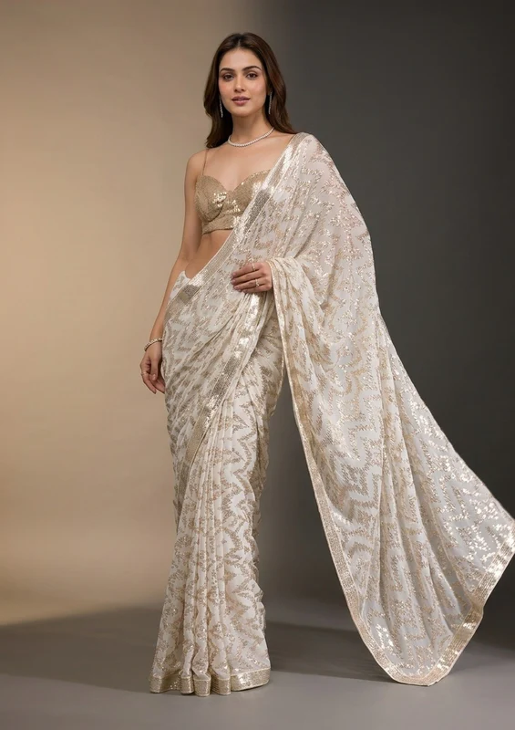 Off White Sequins Georgette Saree